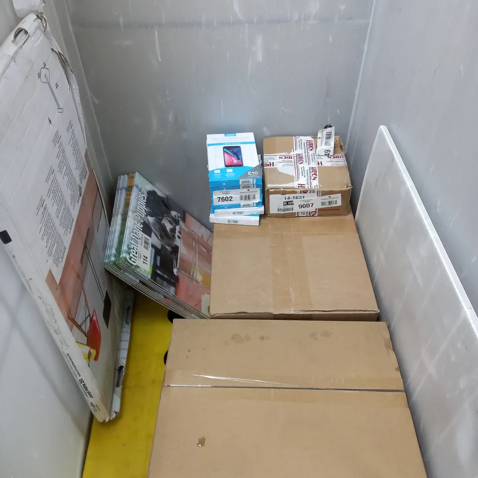 CAGE OF ASSORTED ITEMS TOO INCLUDE CALENDARS , HEADPHONES , GAMING KEYBOARDS AND PHONE CASES , ETC 