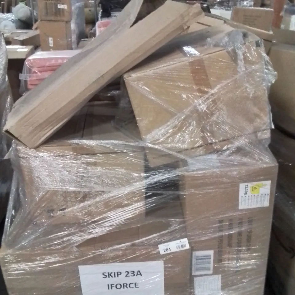 PALLET CONTAINING ASSORTED ITEMS TO INCLUDE: MILKSHAKE CUPS, LINED CURTAINS ECT.