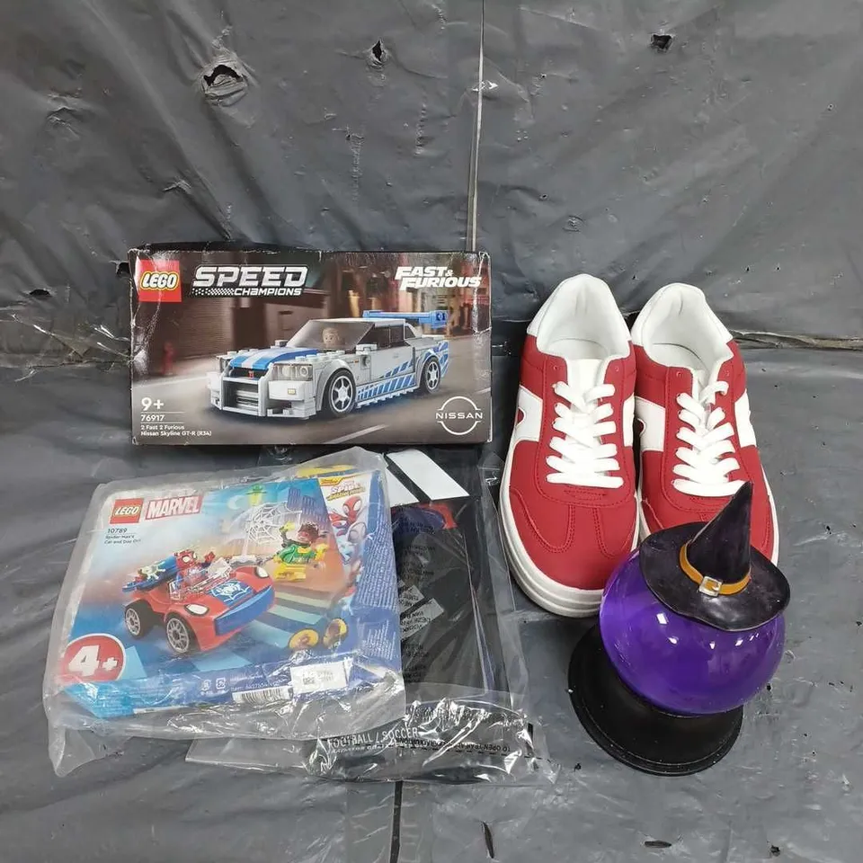 BOX OF APPROXIMATELY 5 ASSORTED HOUSEHOLD ITEMS TO INCLUDE RED TRAINERS SIZE 5, LEGO SPEED CHAMPIONS 2 FAST 2 FURIOUS NISSAN SKYLINE GT-R AND ADIDAS KIDS PREDATORTRAINING GOALKEEPER GLOVES SIZE 6 ETC