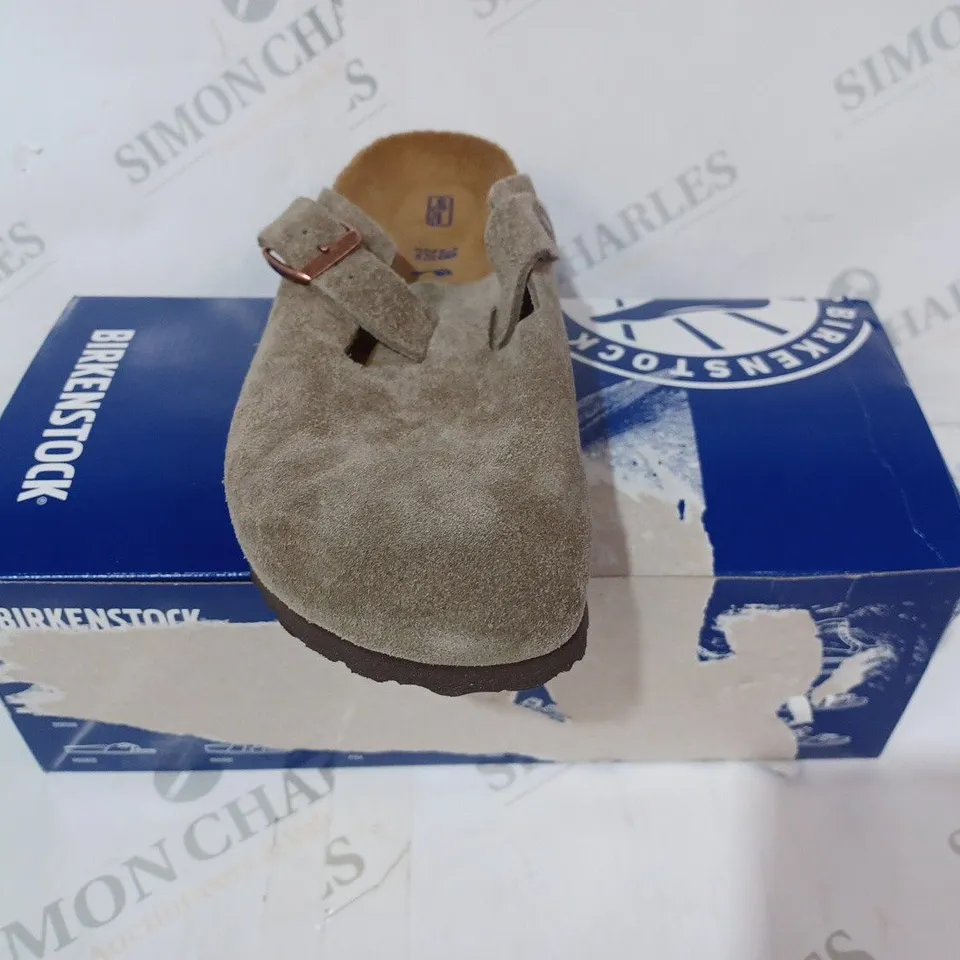 BOXED PAIR OF BIRKENSTOCK BOSTON SLIP-ON SHOES IN TAUPE COLOUR UK SIZE 5