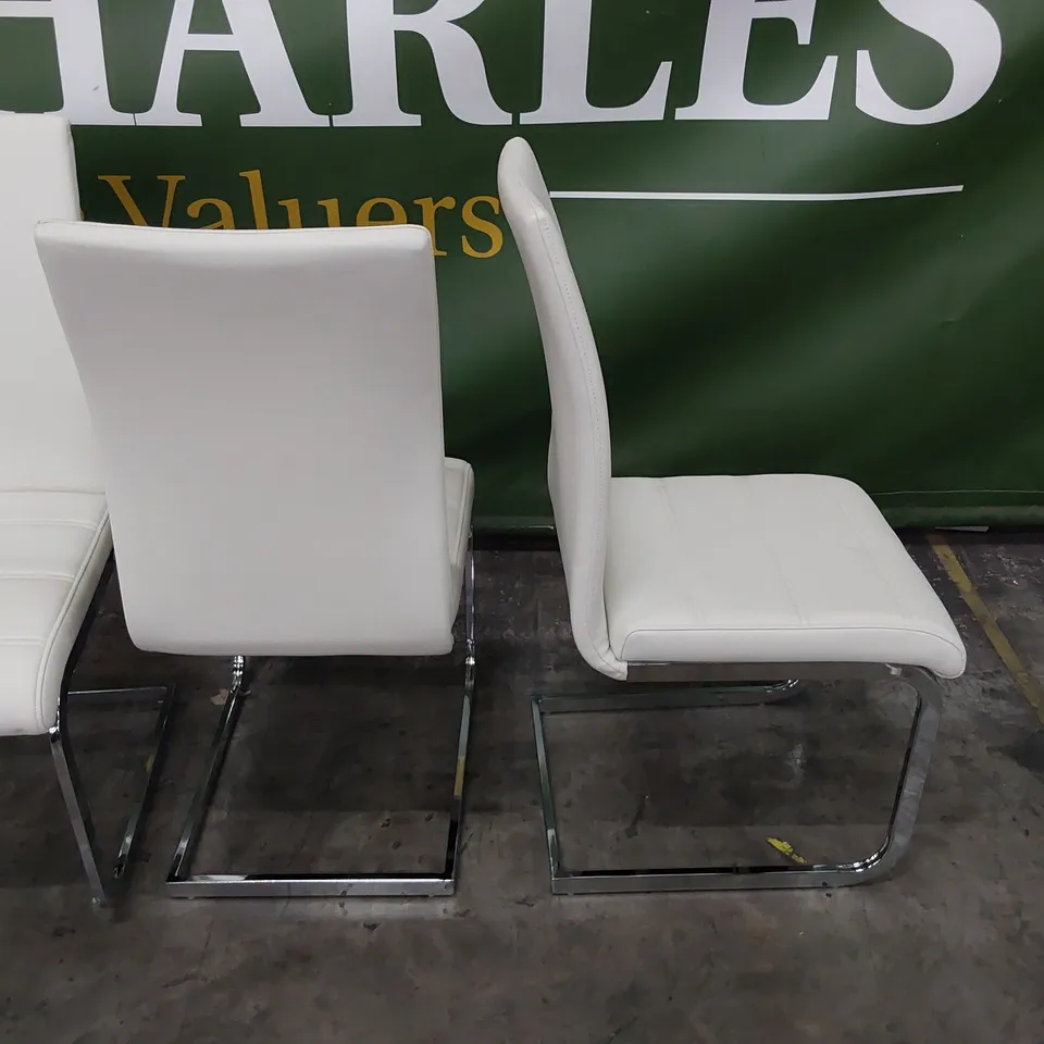 SET OF FOUR UPHOLSTERED DINING CHAIRS WHITE PU ON CHROME FRAME