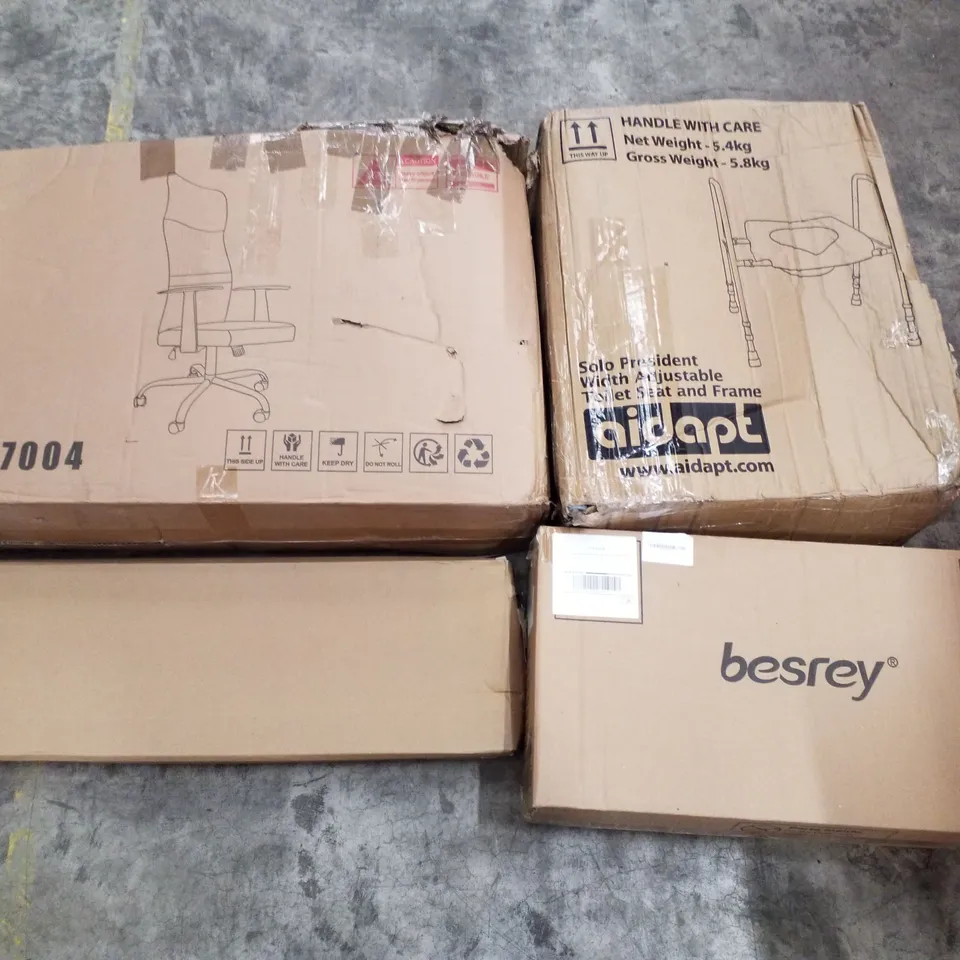 PALLET CONTAINING ASSORTED PRODUCTS INCLUDING OFFICE CHAIR, TOILET SEAT & FRAME, BESREY KIDS SCOOTER & GARDEN RACK