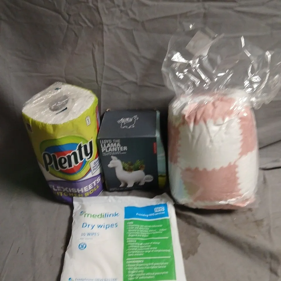 BOX OF APPROXIMATELY 15 ASSORTED HOUSEHOLD ITEMS TO INCLUDE PLENTY KITCHEN ROLL, MEDILINK DRYWIPES AND A LLOYD THE LLAMA SMALL PLANTER