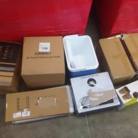 PALLET OF ASSORTED ITEMS INCLUDING OMMO AIR FRYER, COOLER BOX, PREMIUM KING AIR BED, ORGA ECO-FRIENDLY COFFEE CUPS, JUDGE ELECTRIC POTATO PEELER