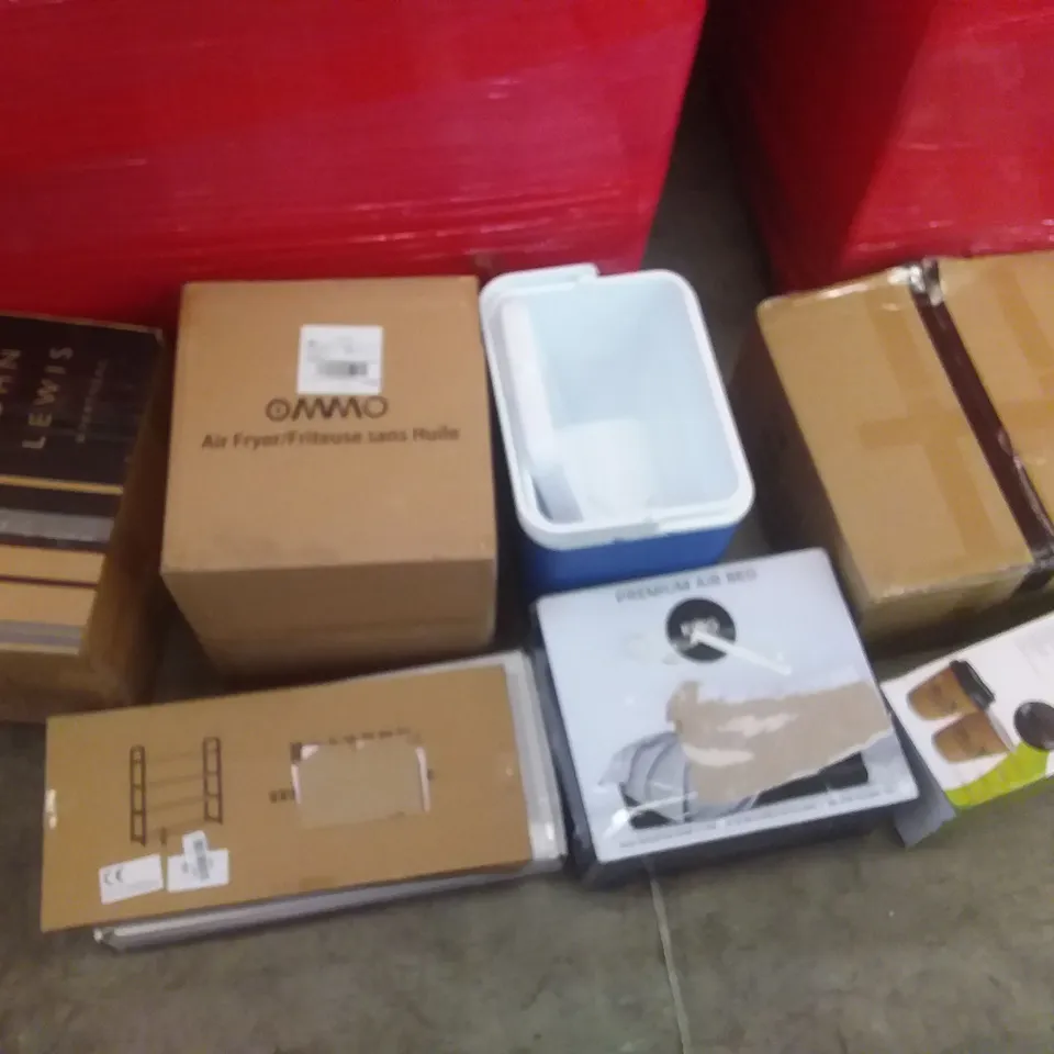 PALLET OF ASSORTED ITEMS INCLUDING OMMO AIR FRYER, COOLER BOX, PREMIUM KING AIR BED, ORGA ECO-FRIENDLY COFFEE CUPS, JUDGE ELECTRIC POTATO PEELER