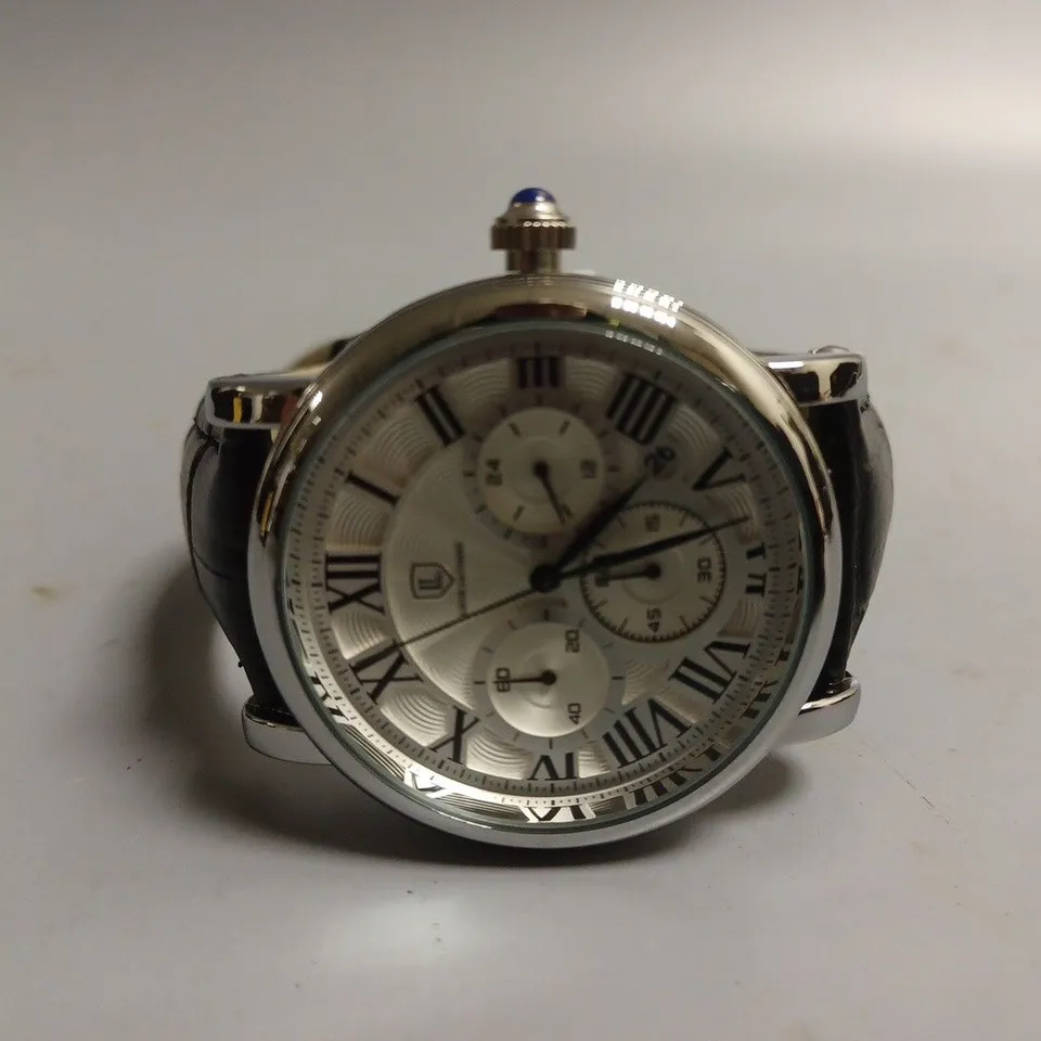 MENS LOUIS LACOMBE CHRONOGRAPH WATCH – MULTI FUNCTION DIAL WITH DATE – ROMAN NUMERAL DIAL – LEATHER STRAP