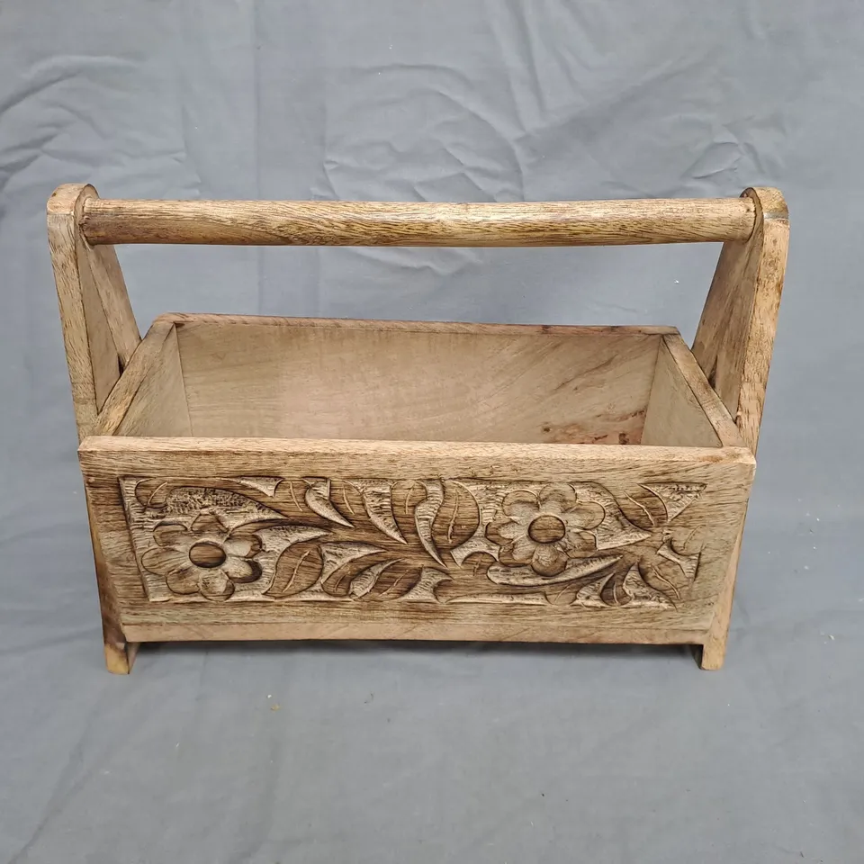 NAKKASHI CARVED WOODEN DECORATIVE CRATE WITH FLORAL RELIEF AND CARRY HANDLE