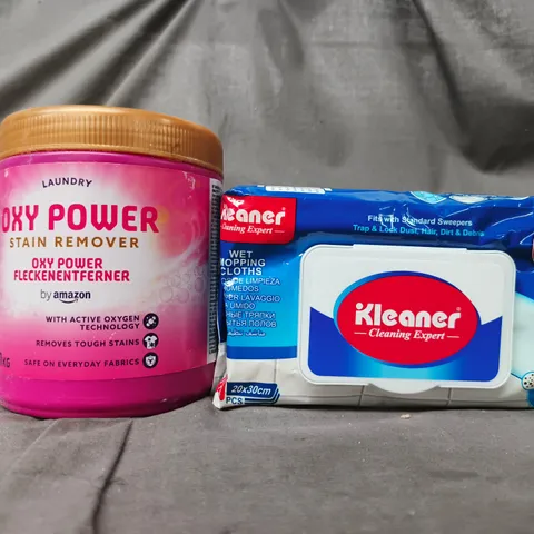 APPROXIMATELY 8 ASSORTED HOUSEHOLD ITEMS TO INCLUDE OXY POWER STAIN REMOVER, WET MOPPING CLOTHS, ETC