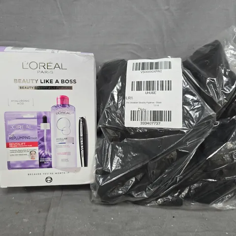 BOX OF APPROXIMATELY 10 ASSORTED HOUSEHOLD ITEMS TO INCLUDE PYJAMAS IN BLACK SIZE 12-14, L'OREAL BEAUTY ESSENTIALS ROUTINE, ETC - COLLECTION ONLY
