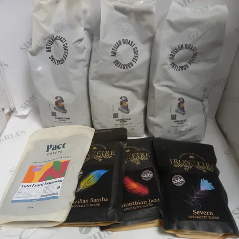 APPROXIMATELY 7 ASSORTED COFFEE PRODUCTS TO INCLUDE ARTISAN ROAST COFFEE ROASTERS, PACT COFFEE, IRON & FIRE ETC 