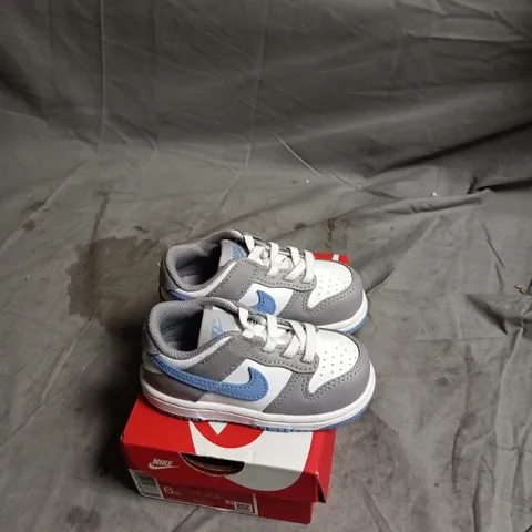NIKE DUNK LOW TODDLER SNEAKERS – GREY/WHITE WITH LIGHT BLUE SWOOSH, UK 5.5 (US 6C) – BOXED 