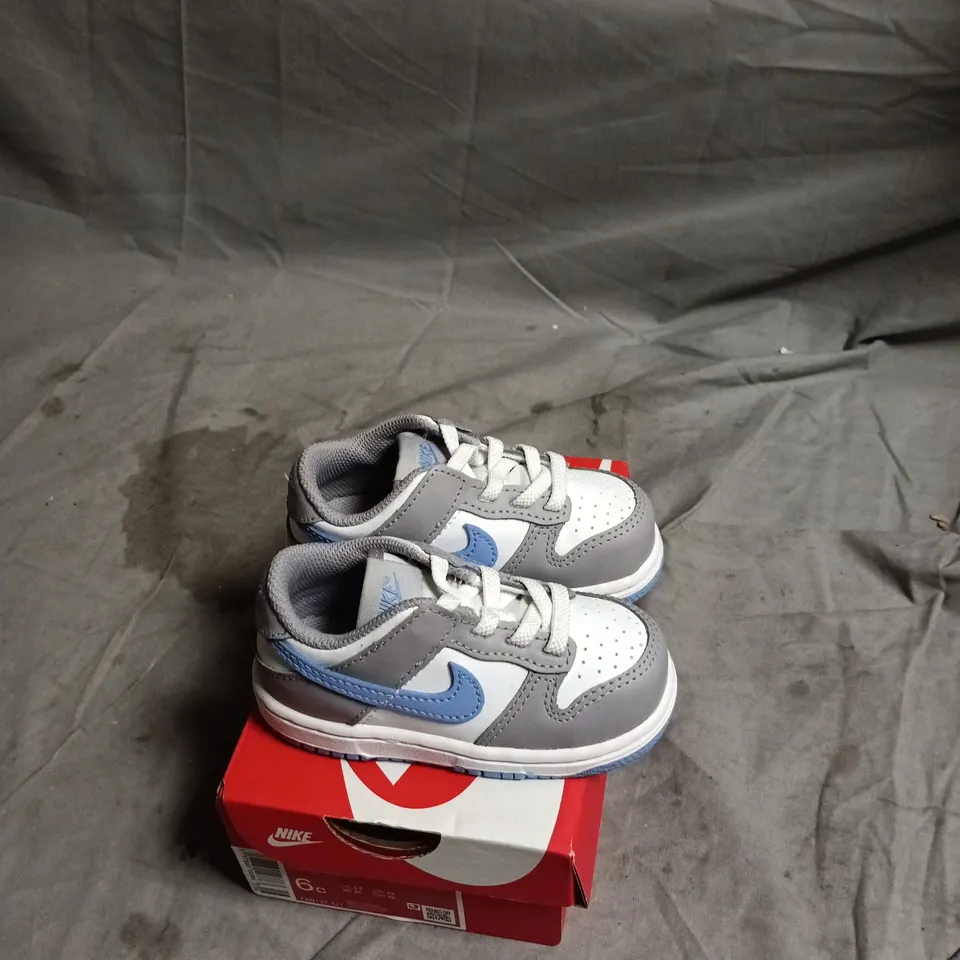 NIKE DUNK LOW TODDLER SNEAKERS – GREY/WHITE WITH LIGHT BLUE SWOOSH, UK 5.5 (US 6C) – BOXED 
