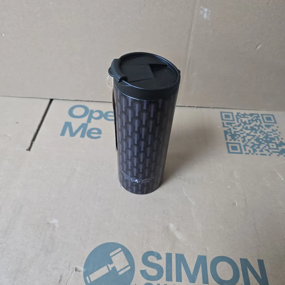 B & E TRAVEL MUG – BLACK WITH GEOMETRIC PATTERN, SLIDING LID