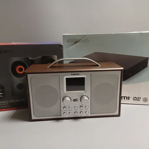 APPROXIMATELY 20 ASSORTED TECH PRODUCTS TO INCLUDE GAMING SPEAKERS, DAB+ RADIO, DVD PLAYER