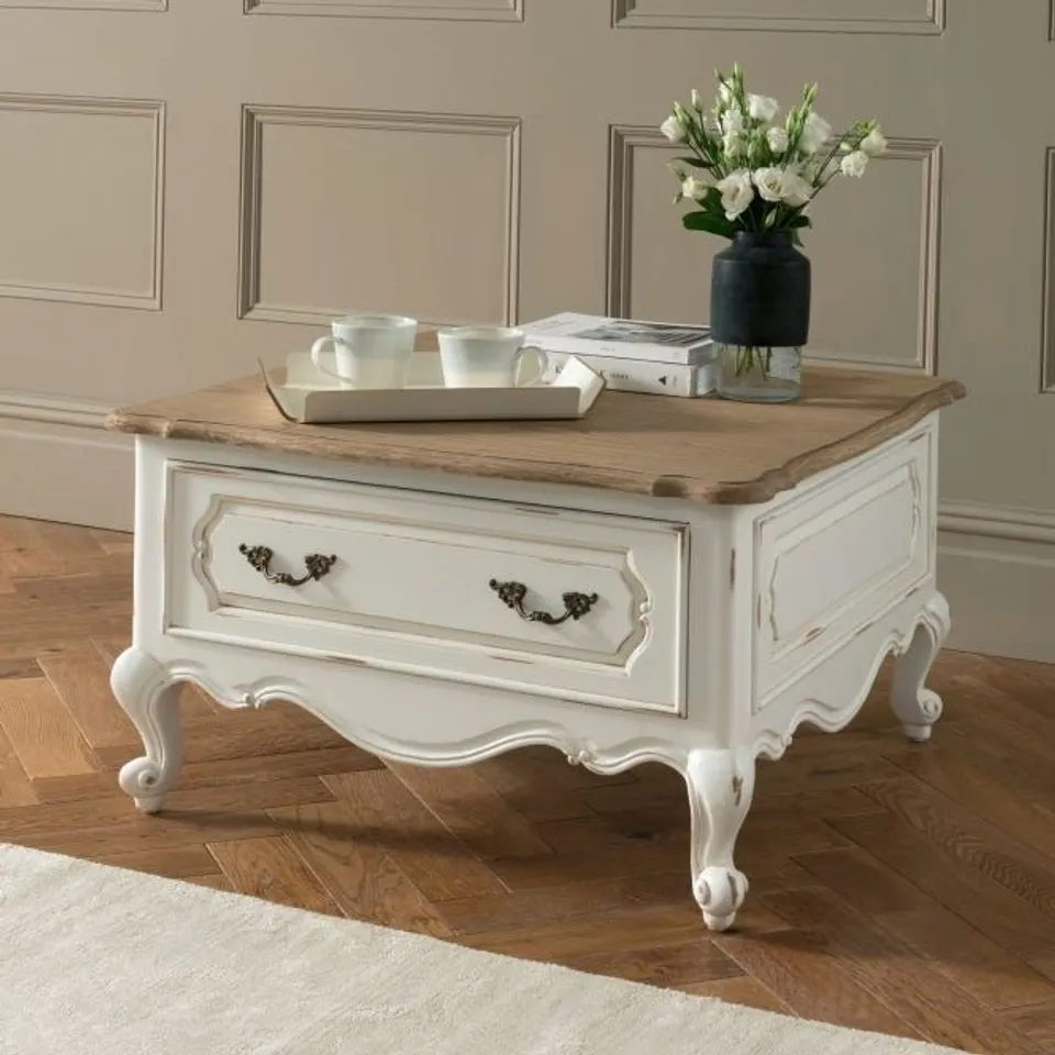 BRAND NEW BOXED HOMESDIRECT365 ANTIQUE FRENCH STYLE WHITE 1 DRAWER COFFEE TABLE