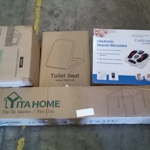 PALLET OF ASSORTED ITEMS INCLUDING  TOILET SEAT, POP UP GAZEBO, ELECTRONIC MUSCLE STIMULATOR, SHOE BOXES, WALL SHELF,