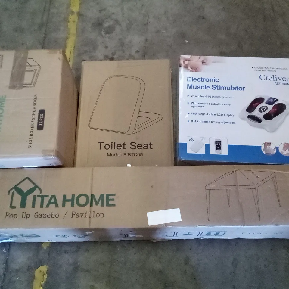 PALLET OF ASSORTED ITEMS INCLUDING  TOILET SEAT, POP UP GAZEBO, ELECTRONIC MUSCLE STIMULATOR, SHOE BOXES, WALL SHELF,