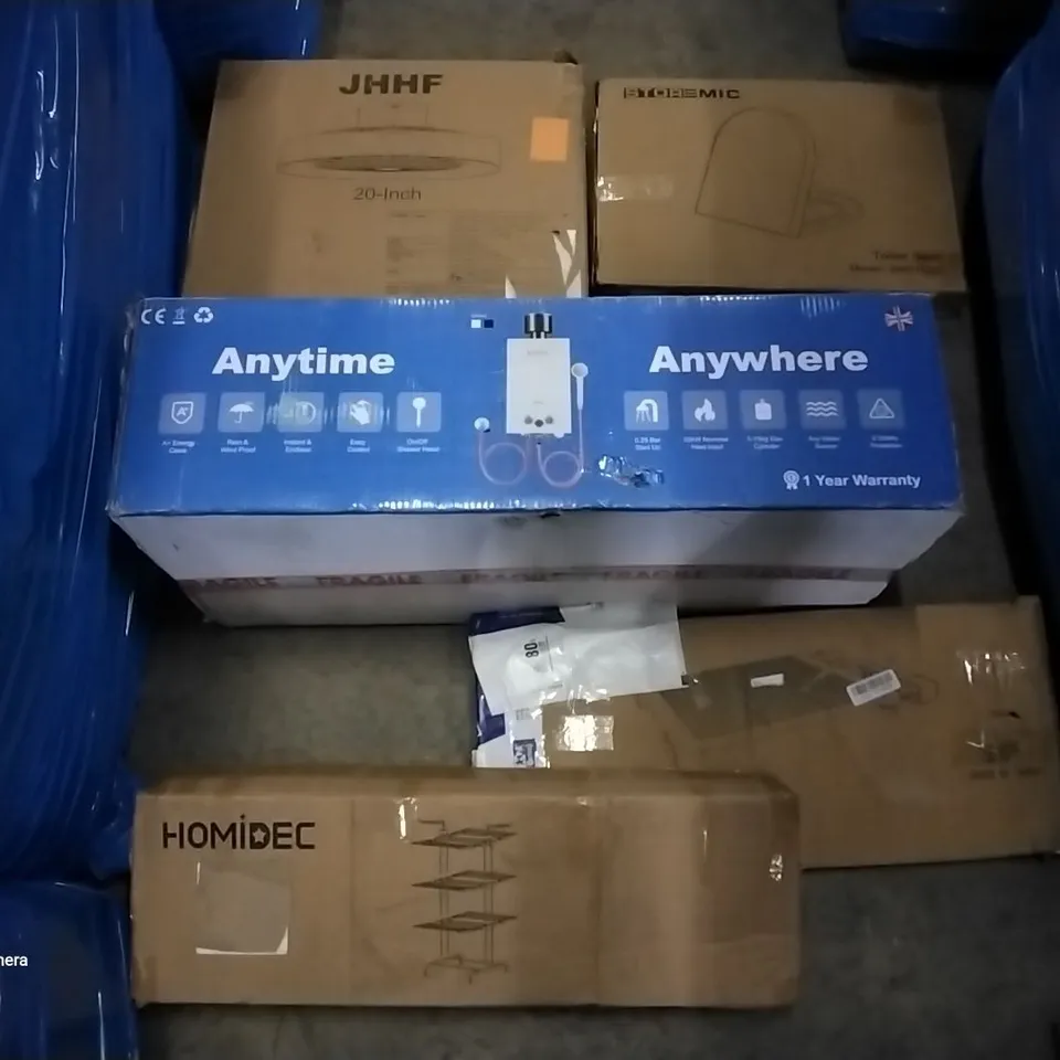 PALLET OF ASSORTED ITEMS INCLUDING HOMIDEC DRYING RACK, STOREMIC TOILET SEAT, JHHF 20" CEILING FAN WITH LIGHTS, CAMPLUX OUTDOOR GAS WATER HEATER, BAMBOO BATH BRIDGE