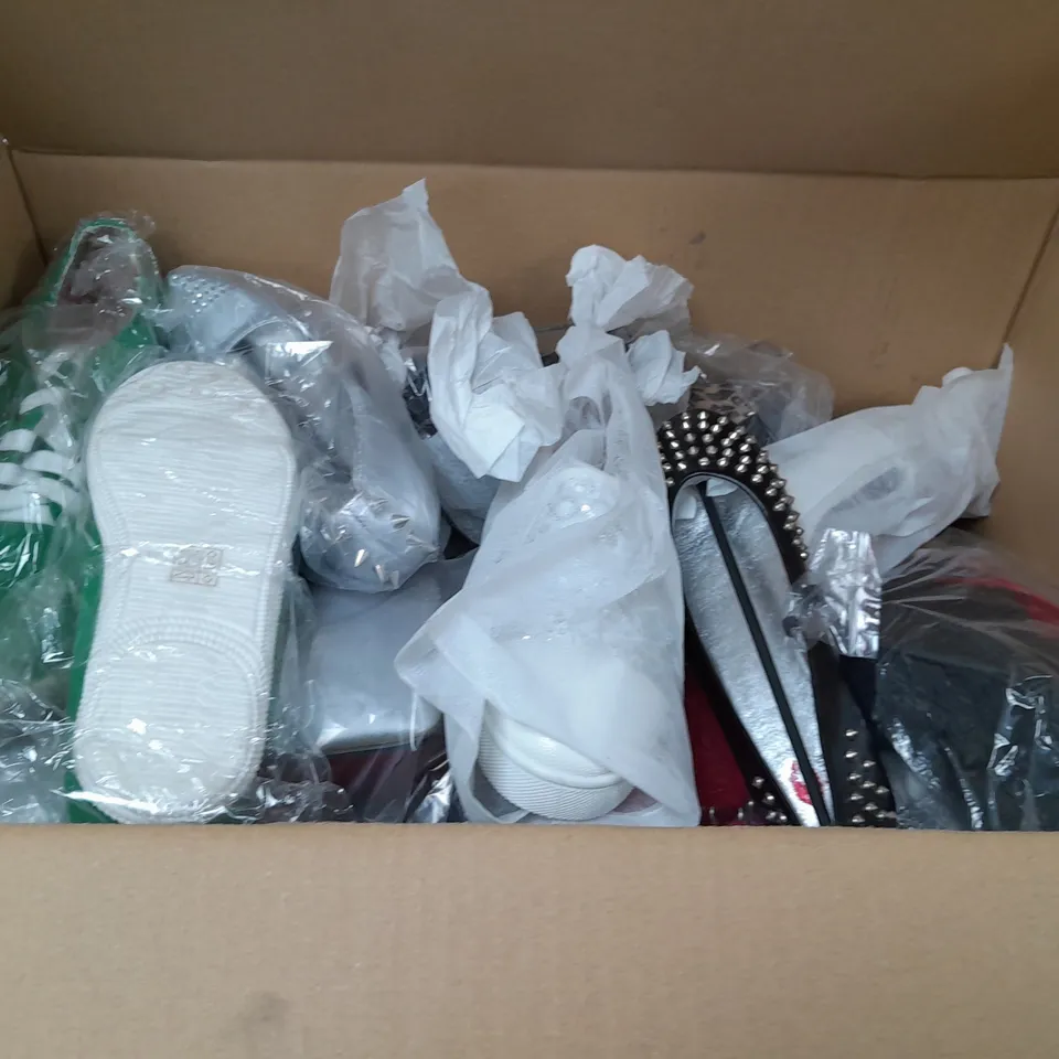 BOX OF APPROXIMATELY 10 ASSORTED WOMENS SHOES IN VARIOUS COLOURS, STYLES AND SIZES