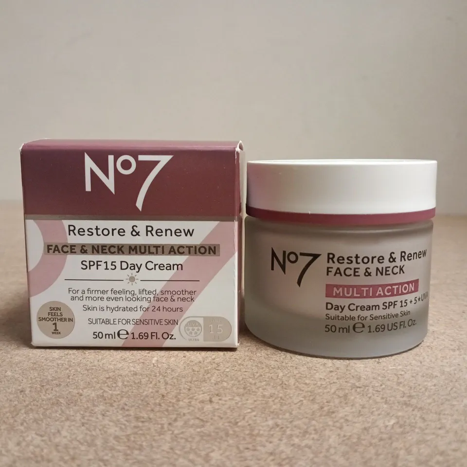 NO7 RESTORE & RENEW FACE & NECK MULTI-ACTION DAY CREAM SPF15, 50 ML – BOXED