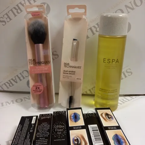 BOX OF APPROXIMATELY 20 ASSORTED COSMETICS TO INCLUDE REA; TECHNIQUES BROW BRUSH, ESPA SHOWER GEL, GLITTER FIXER GEL ETX