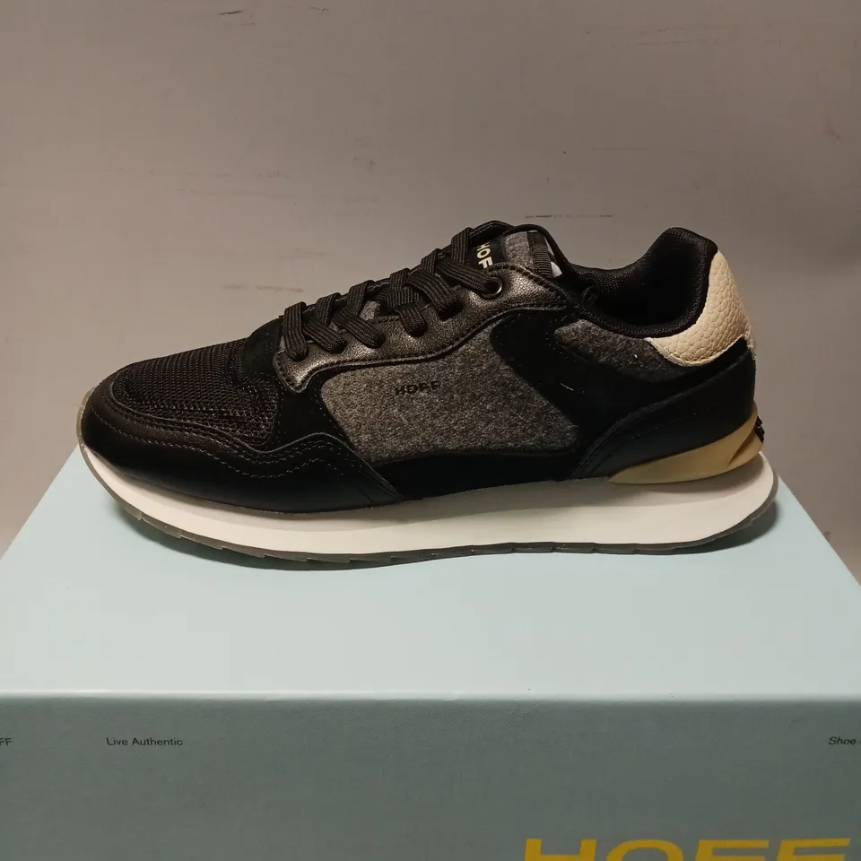 BOXED PAIR OF HOFF READING TRAINERS, BLACK/GREY - UK SIZE 5