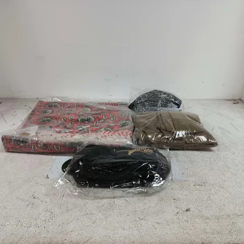 BOX OF APPROXIMATELY 20 ASSORTED ITEMS TO INCLUDE RUGS, CLOTHING, HANDBAG ETC