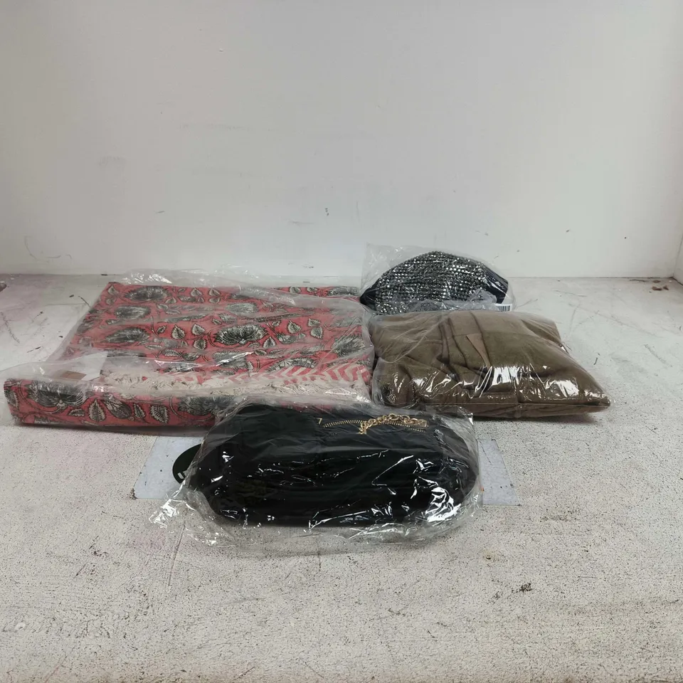 BOX OF APPROXIMATELY 20 ASSORTED ITEMS TO INCLUDE RUGS, CLOTHING, HANDBAG ETC