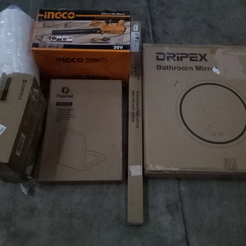 PALLET OF ASSORTED ITEMS INCLUDING DRIPEX BATHROOM MIRROR, PIPISHELL TOILET SEAT, SIMPDIY SHOE BOX, MATTRESS TOPPER, INCCO LITHIUM ION BLOWER, ROLLER SHADE