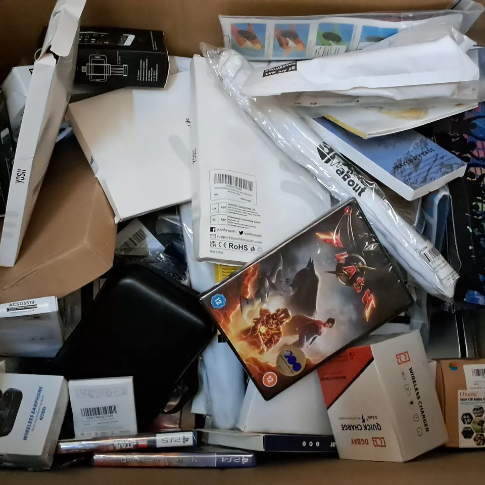 LARGE QUANTITY OF ASSORTED ITEMS TO INCLUDE MOTION SENSOR LED LIGHT, WIRELESS HEADPHONES AND COMPUTER GAMES