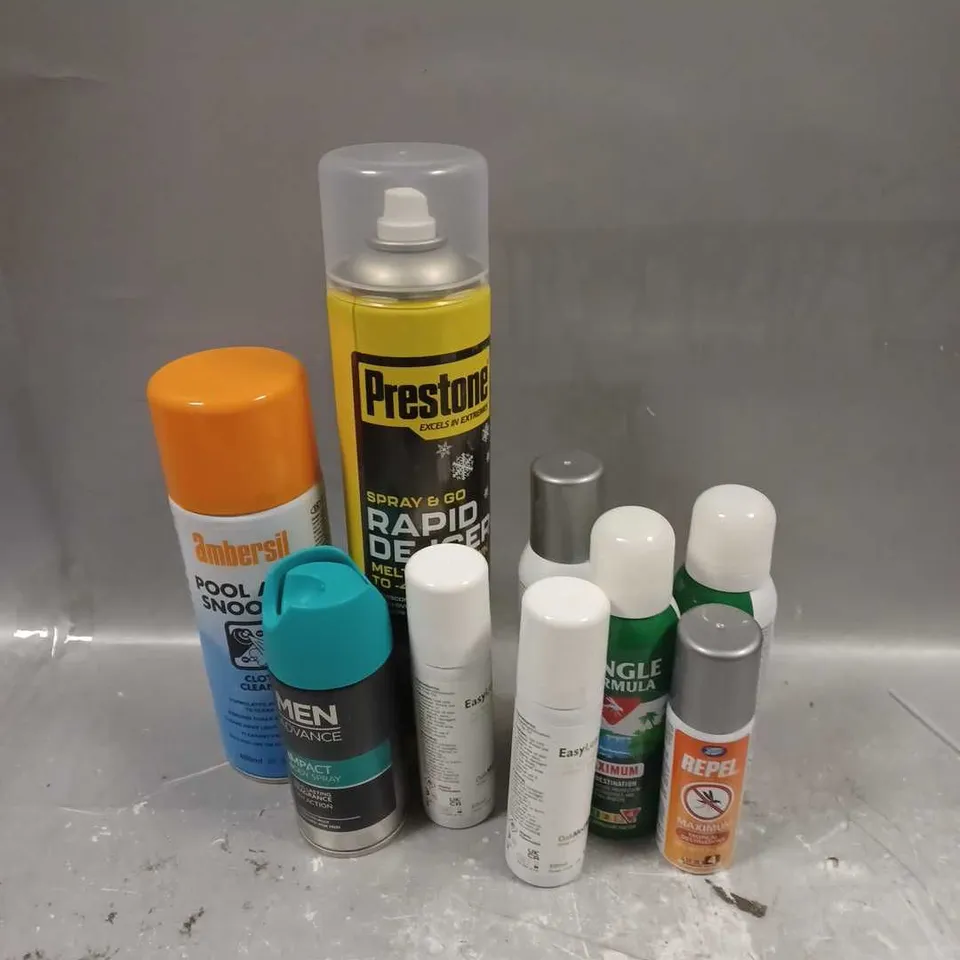 APPROXIMATELY 15 ASSORTED AEROSOLS TO INCLUDE - PRESTONE RAPID DE-ICER - MENS BODY SPRAY - AMBERSIL POOL AND SNOOKER CLOTH CLEANER - COLLECTION ONLY