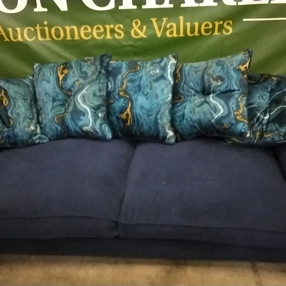 THE LOUNGE COMPANY DARK BLUE FABRIC 3 SEATER SOFA WITH SCSTTERBACK CUSHIONS