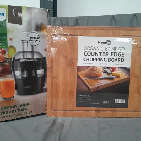 BOX OF 4 ASSORTED HOUSEHOLD ITEMS TO INCLUDE PHILIPS CENTRIFUGAL JUICER, ORGANIC BAMBOO COUNTER EDGE CHOPPING BOARD, ETC