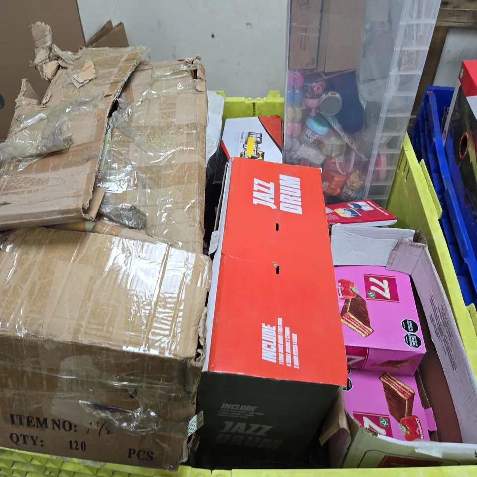 PALLET OF APPROXIMATELY 20 ASSORTED ITEMS TO INCLUDE JAZZ DRUM KIT, RUGS, GUCI W.BORGIR MARSHMALLOW SWEETS, ETC - COLLECTION ONLY