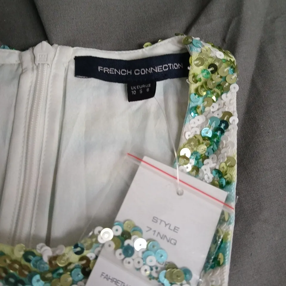 FRENCH CONNECTION WOMEN’S SEQUIN DRESS – GREEN/TEAL & WHITE, UK 10