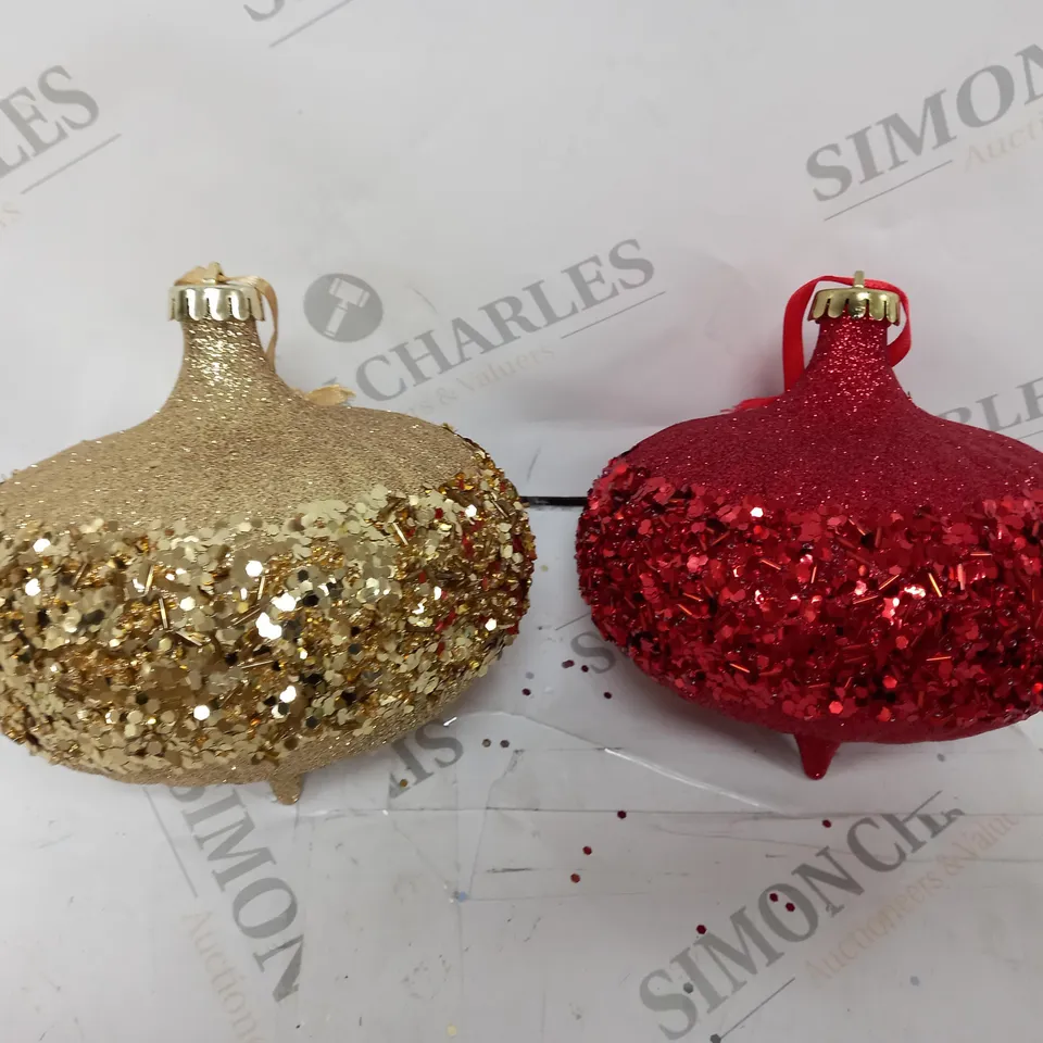 ALISON CORK SET OF LARGE GLITTER ELLIPSE BAUBLES RED AND GOLD