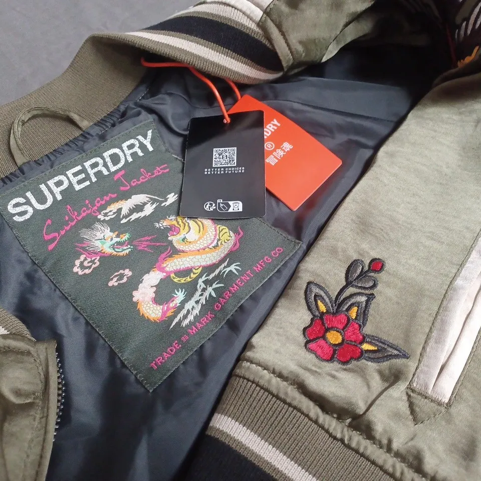 SUPERDRY GREEN ZIP THROUGH SEQUIN EMBELLSHED JACKET - UK XS