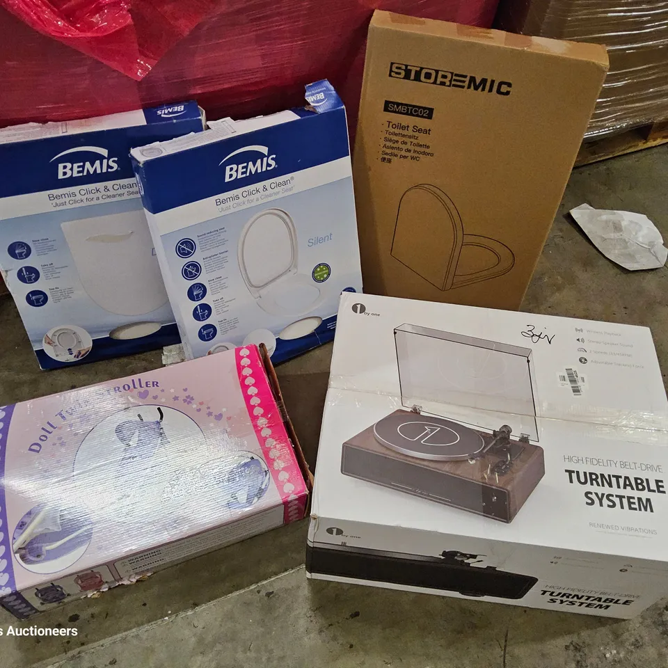 PALLET OF ASSORTED ITEMS TO INCLUDE, CAMERA DANCE MAT, KNITTING MZCHINE, DOLL TWIN STROLLER, HIGH FIDELITY TURNTABLE SYSTEM, TOILET SEATS.