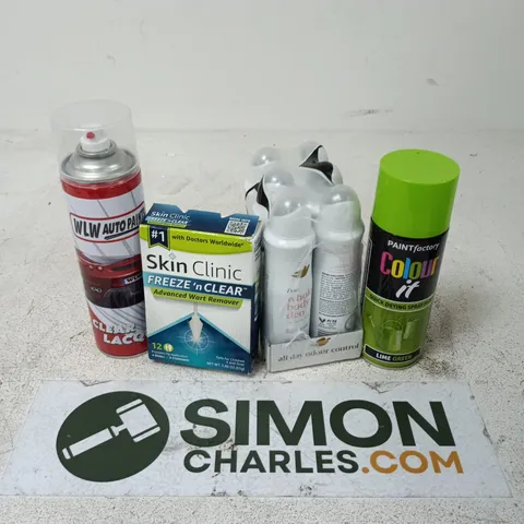 APPROXIMATELY 12 ASSORTED AEROSOLS TO INCLUDE CLEAR LACQUER, SKIN CLINIC WORT REMOVER, COLOURIT DRYING SPRAY PAINT, ETC