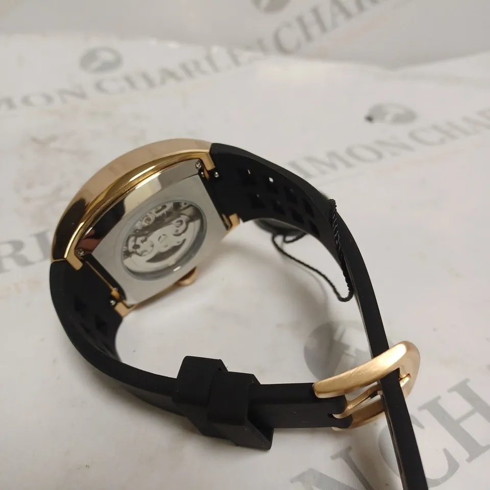 MENS AUTOMATIC DESCHAMPS & CO WATCH – SKELETON DIAL – GLASS EXHIBITION BACK CASE – RUBBER STRAP – WOODEN GIFT BOX 