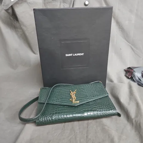 YVES SAINT LAURENT CROCODILE-EMBOSSED GREEN LEATHER SHOULDER BAG WITH GOLD YSL LOGO