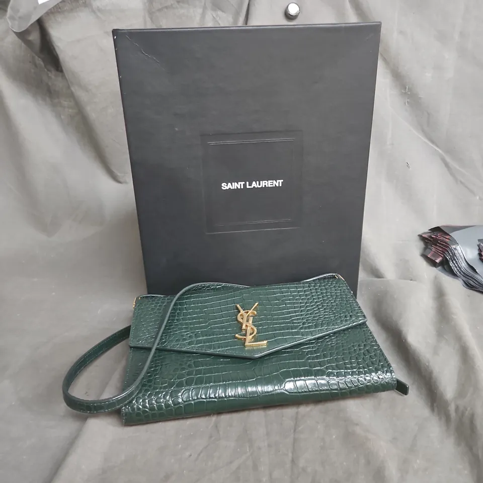 YVES SAINT LAURENT CROCODILE-EMBOSSED GREEN LEATHER SHOULDER BAG WITH GOLD YSL LOGO