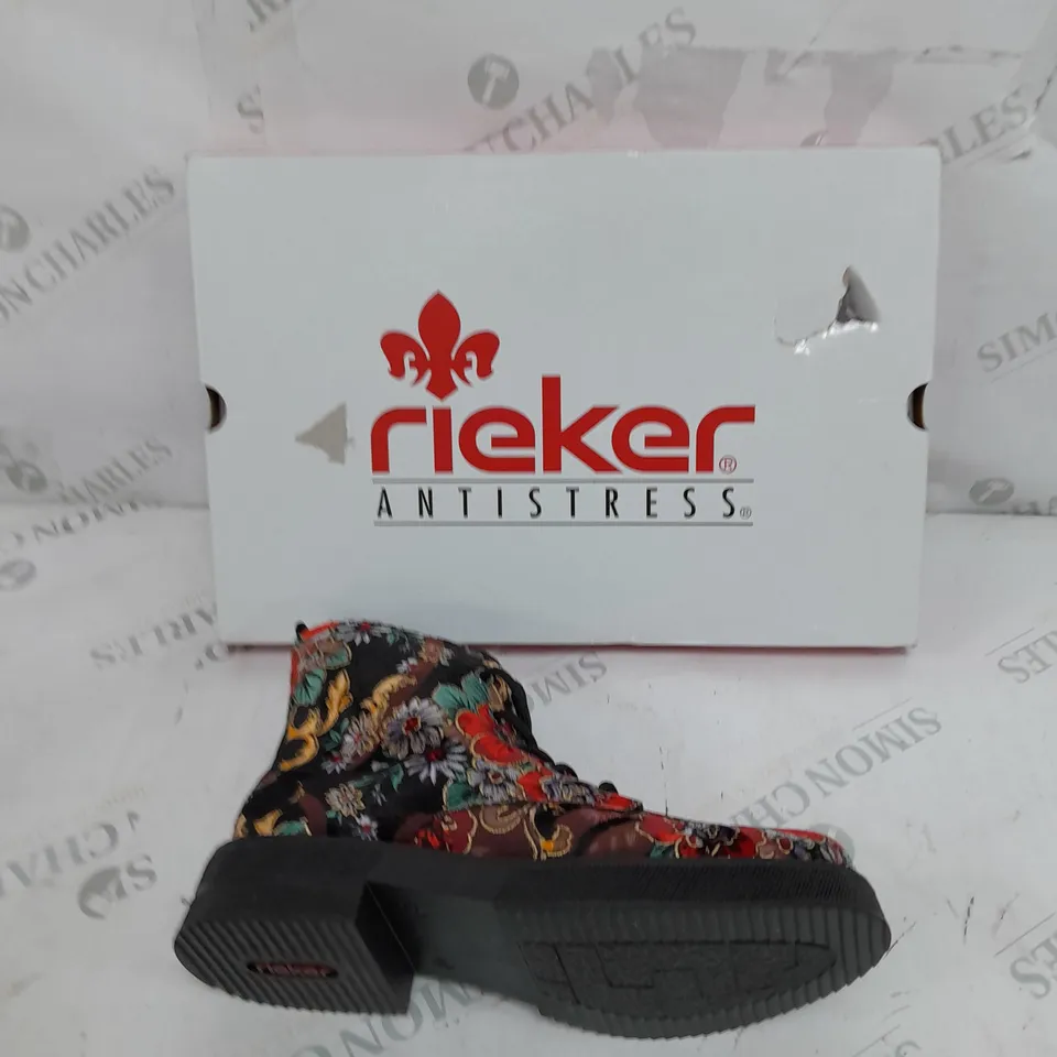 BOXED PAIR OF RIEKER LACE UP BOOTS MULTI/FLORAL PATTERN - SIZE 5