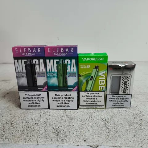 BOX OF APPROXIMATELY 30 ASSORTED E-CIGARETTES AND COMPONENTS TO INCLUDE ELFBAR ELFX MEGA, APSIRE GOTEK PRO ETC