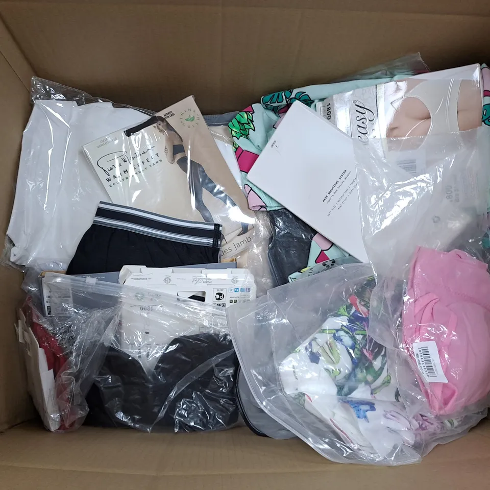 LARGE BOX OF ASSORTED CLOTHING ITEMS IN VARIOUS COLOURS AND SIZES INCLUDING TROUSERS , TOPS AND JUMPERS 