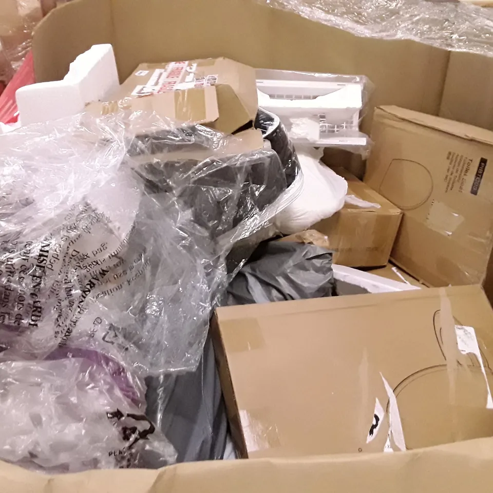 PALLET OF ASSORTED PRODUCTS INCLUDING ELLIPTICAL PEDAL EXERCISER, RETRACTABLE GATE, TOILET SEAT, EPSON PRINTER, FRAMED TRAIN PRINT