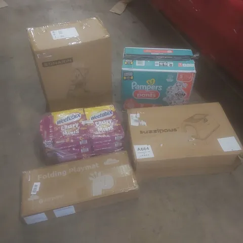 PALLET OF ASSORTED HOUSEHOLD ITEMS AND CONSUMER PRODUCTS TO INCLUDE; BABY STROLLER, FOLDING PLAYMAT, PAMPERS, WEETABIX ETC