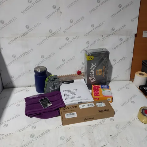 BOX OF ASSORTED HOUSEHOLD ITEMS TO INCLUDE TISSUES, A4 PAPER, FLASK, WALL TILES ETC