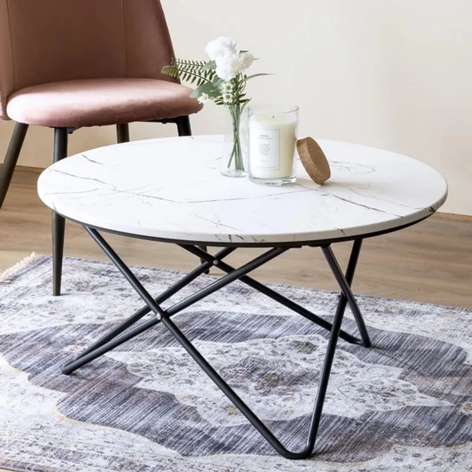 BRAND NEW BOXED MARBLE EFFECT COFFEE TABLE WITH METAL LEGS - 80 X 45CM - GREY/WHITE (1 BOX)