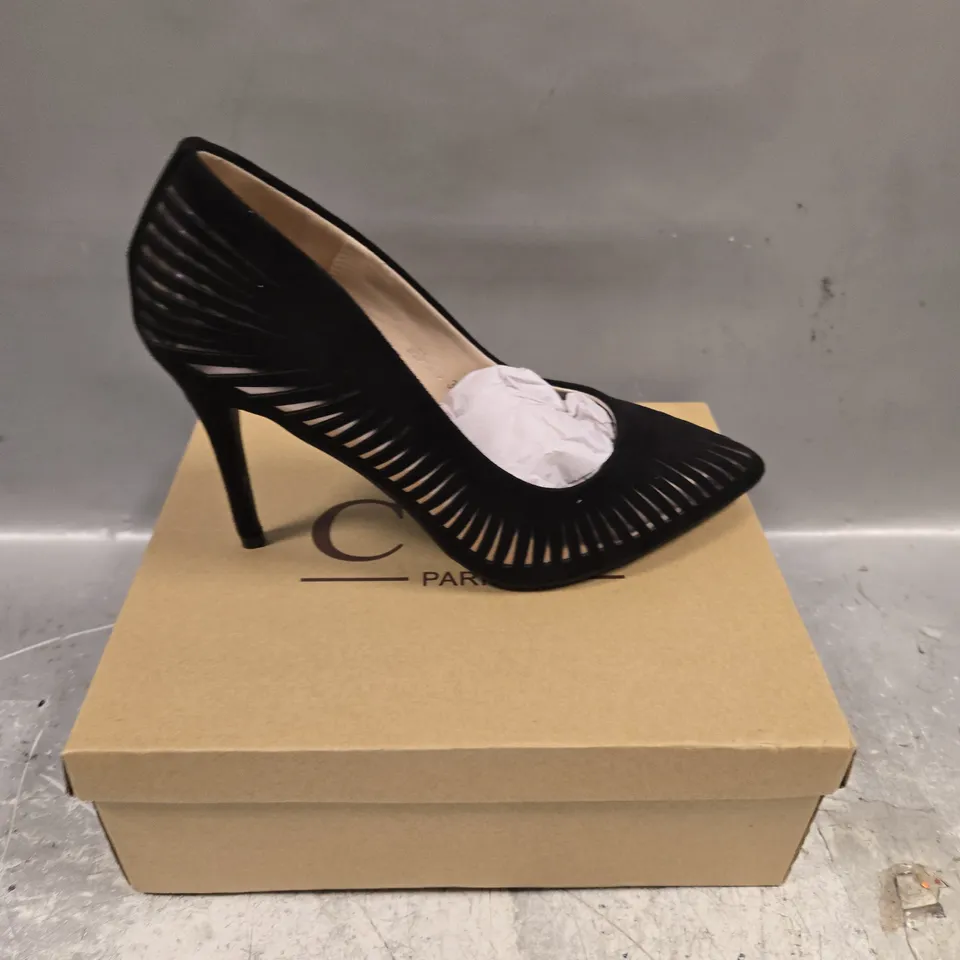 BOXED PAIR OF C'M PARIS BLACK & SILVER STILETTO'S - 6
